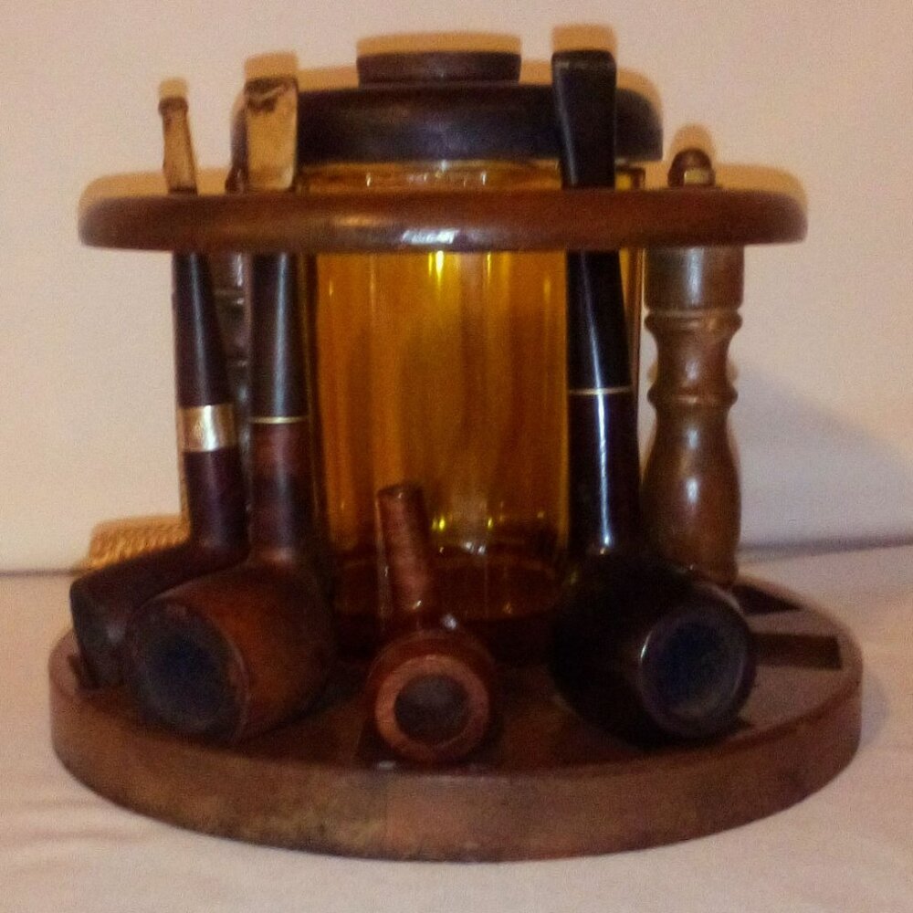 (10) Pipe Holder Stand, (5) Pipes & Glass Tobacco Humidor:  Wooden.  Vintage